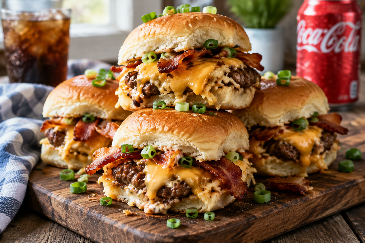 Cheesy white trash sliders stacked on a wooden board with melted cheese and bacon, perfect white trash sliders snack