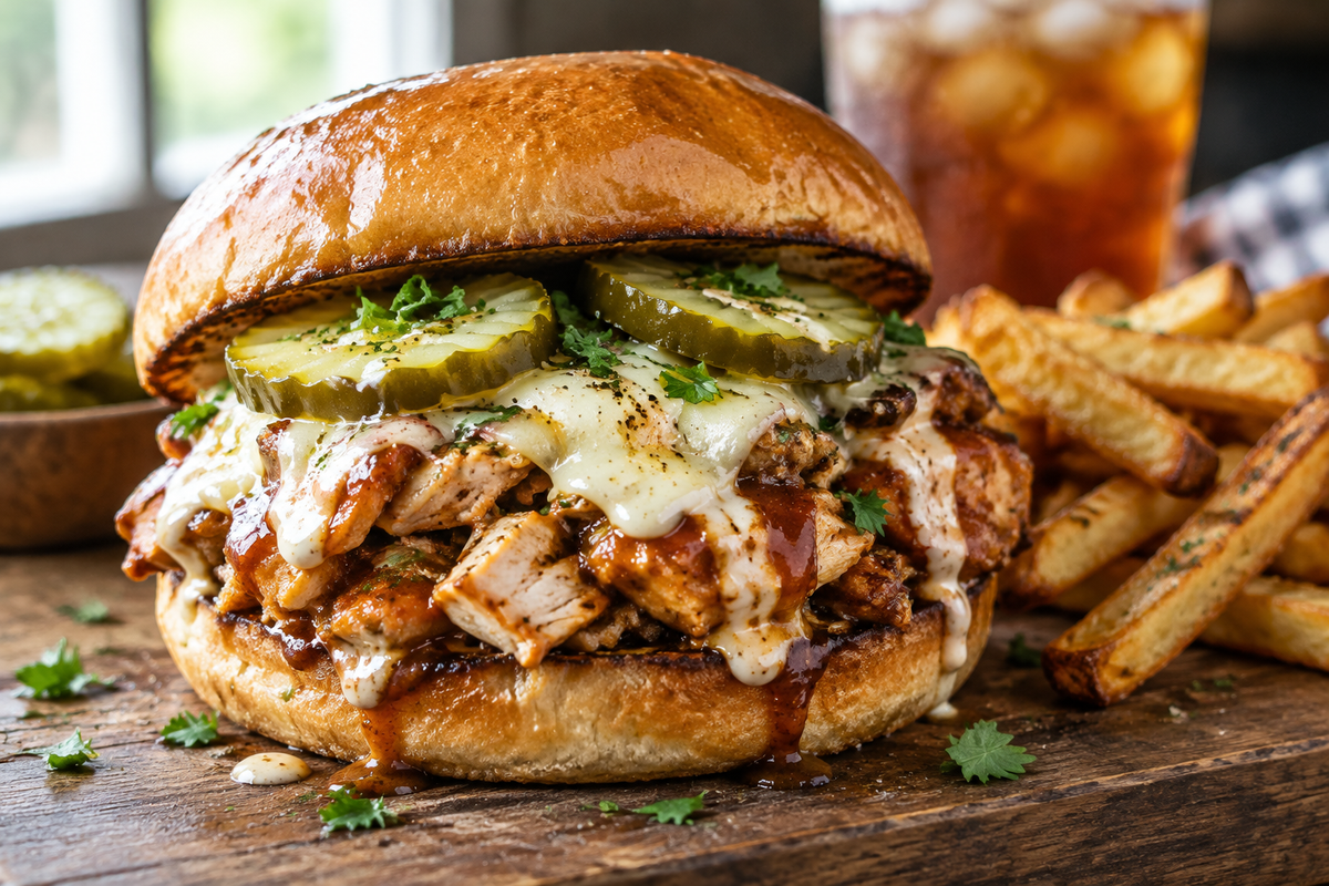 chicken chopped sandwich with Alabama BBQ sauce on toasted bun garnished with pickles and herbs
