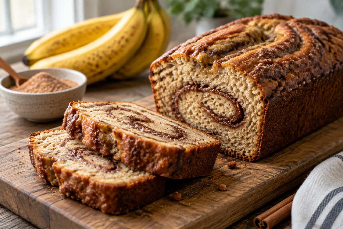 Sliced cinnamon roll banana bread with cinnamon swirl on wooden board, cinnamon roll banana bread