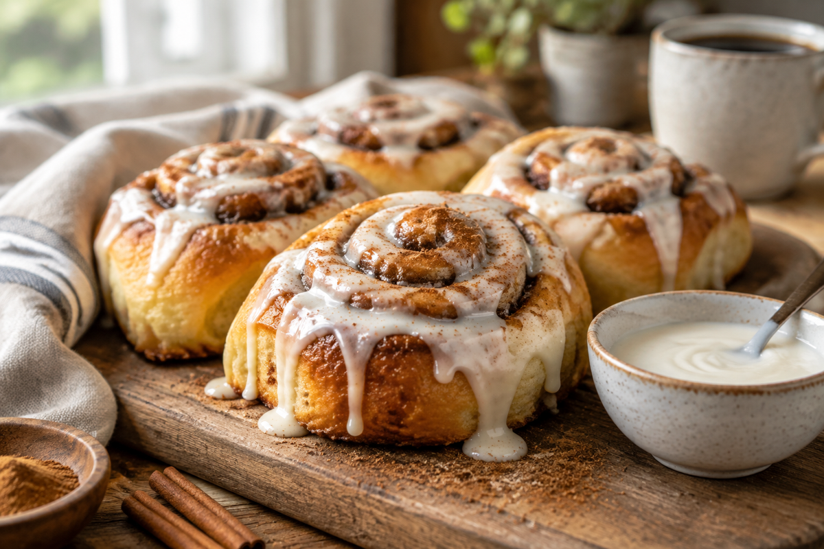 Freshly baked quick cinnamon rolls drizzled with icing on rustic wooden board