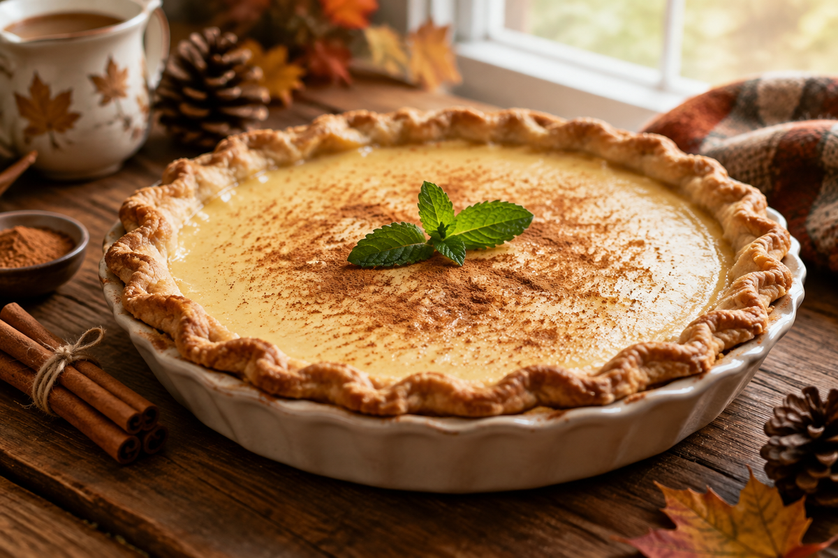 Creamy cinnamon vanilla custard pie with cinnamon dusting and mint garnish, showcasing the cinnamon vanilla custard dessert