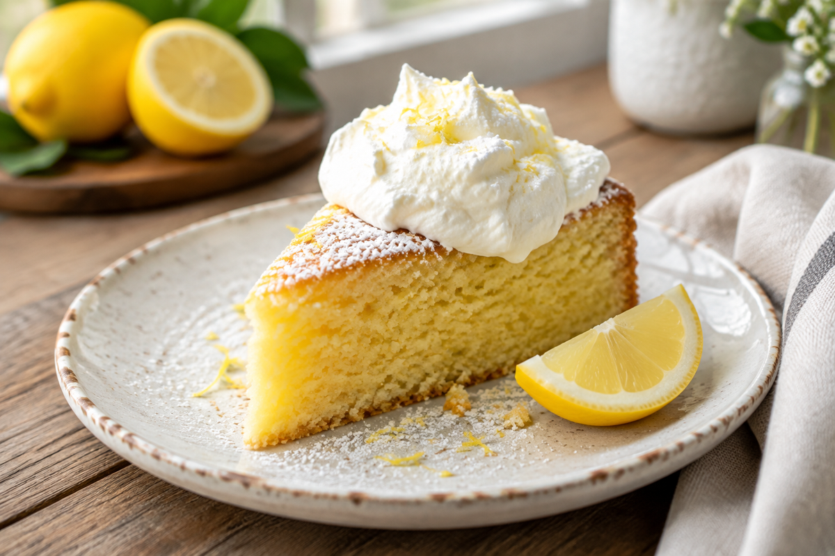 Slice of fluffy lemon cake with whipped cream and powdered sugar dusting on rustic plate