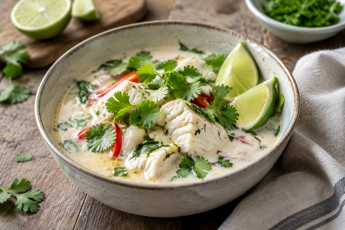Bowl of coconut lime fish soup garnished with cilantro and lime wedges, showcasing fresh vibrant colors