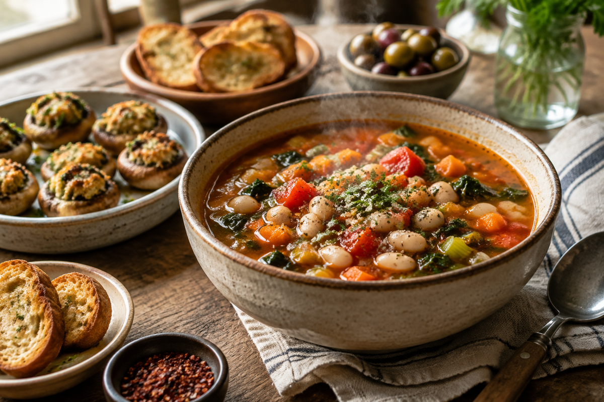 Wholesome soup recipes served with cozy appetizers on a rustic wooden table