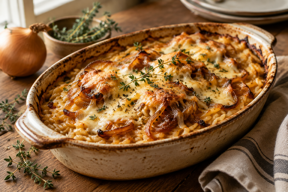Golden French onion orzo bake with melted cheese and caramelized onions in a rustic dish, perfect comfort food