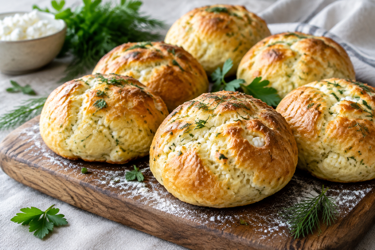 Freshly baked quick cottage cheese buns on rustic board with herbs and flour dusting