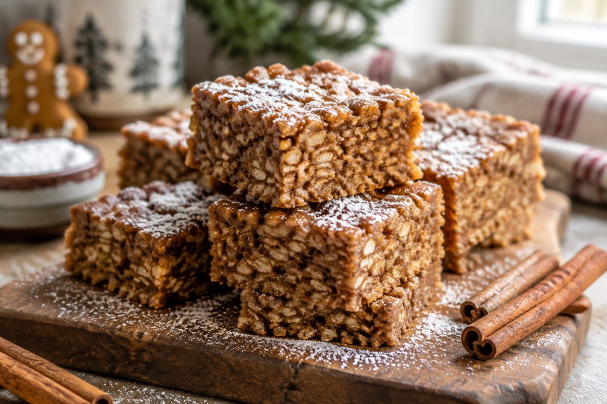 stacked gingerbread rice krispie treats with holiday garnish in natural light