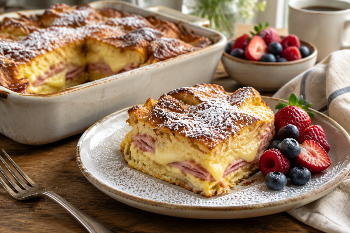 Golden Monte Cristo casserole with melted cheese and ham, garnished with powdered sugar and berries, Monte Cristo casserole