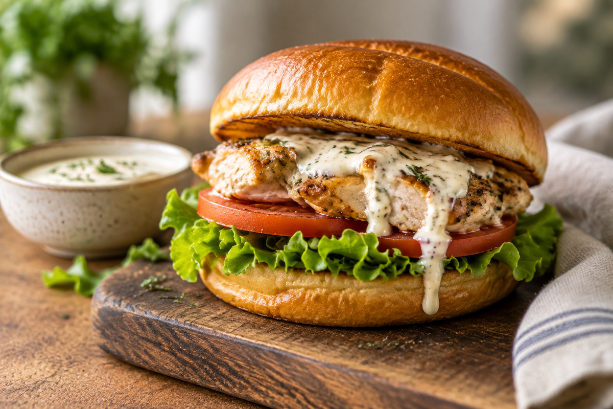 Quick creamy chicken sandwich with toasted bun, lettuce, and creamy sauce on rustic board