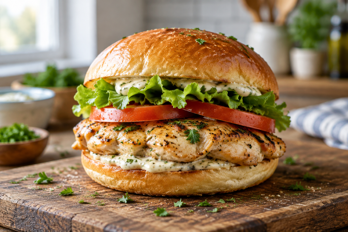 Quick creamy chicken sandwich with lettuce and tomato on rustic bread, perfect for busy afternoons
