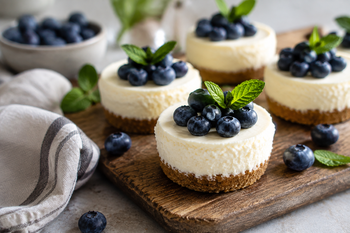 Quick & creamy mini cheesecakes topped with fresh blueberries, perfect homemade dessert