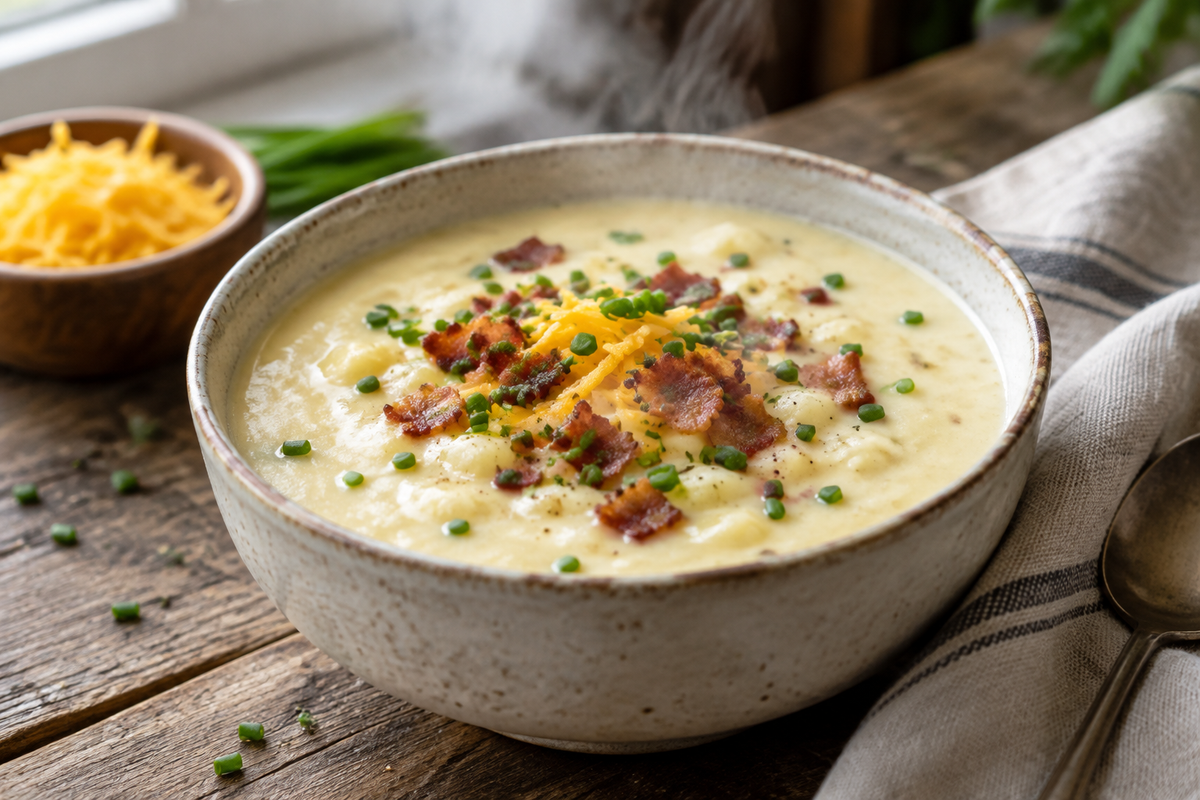 Creamy potato soup garnished with chives and bacon bits in a rustic bowl, showcasing creamy potato soup