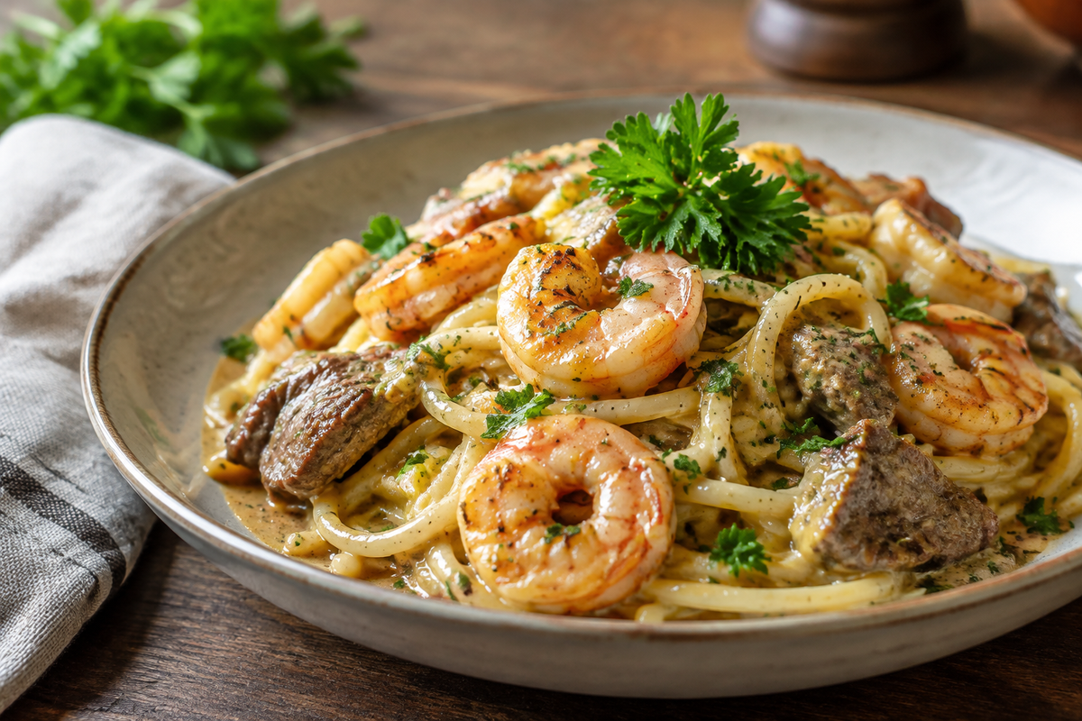 Creamy shrimp beef spaghetti plated with fresh parsley garnish, showcasing shrimp beef spaghetti in creamy sauce