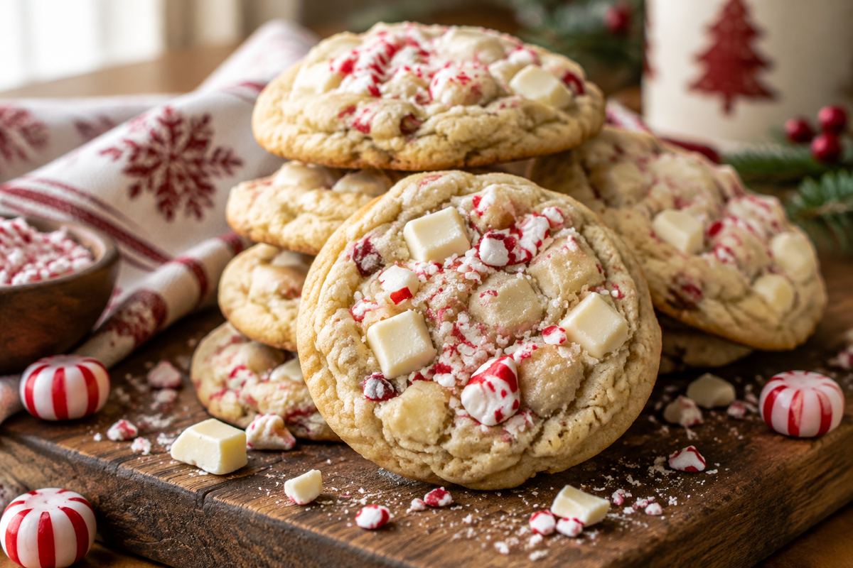 Freshly baked white chocolate peppermint cookies with creamy white chocolate chunks and crushed peppermint candy bits