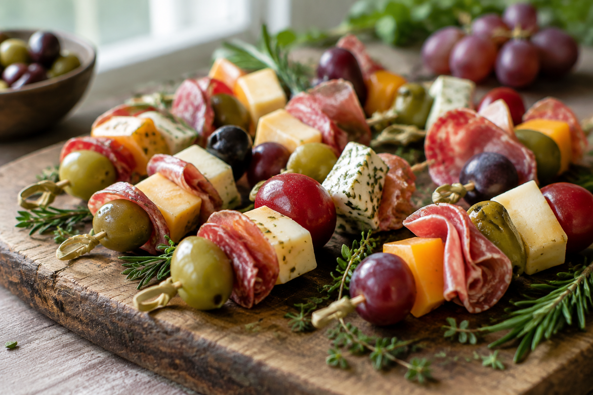 Colorful mini charcuterie skewers with meats, cheeses, and grapes, perfect mini charcuterie skewers snack