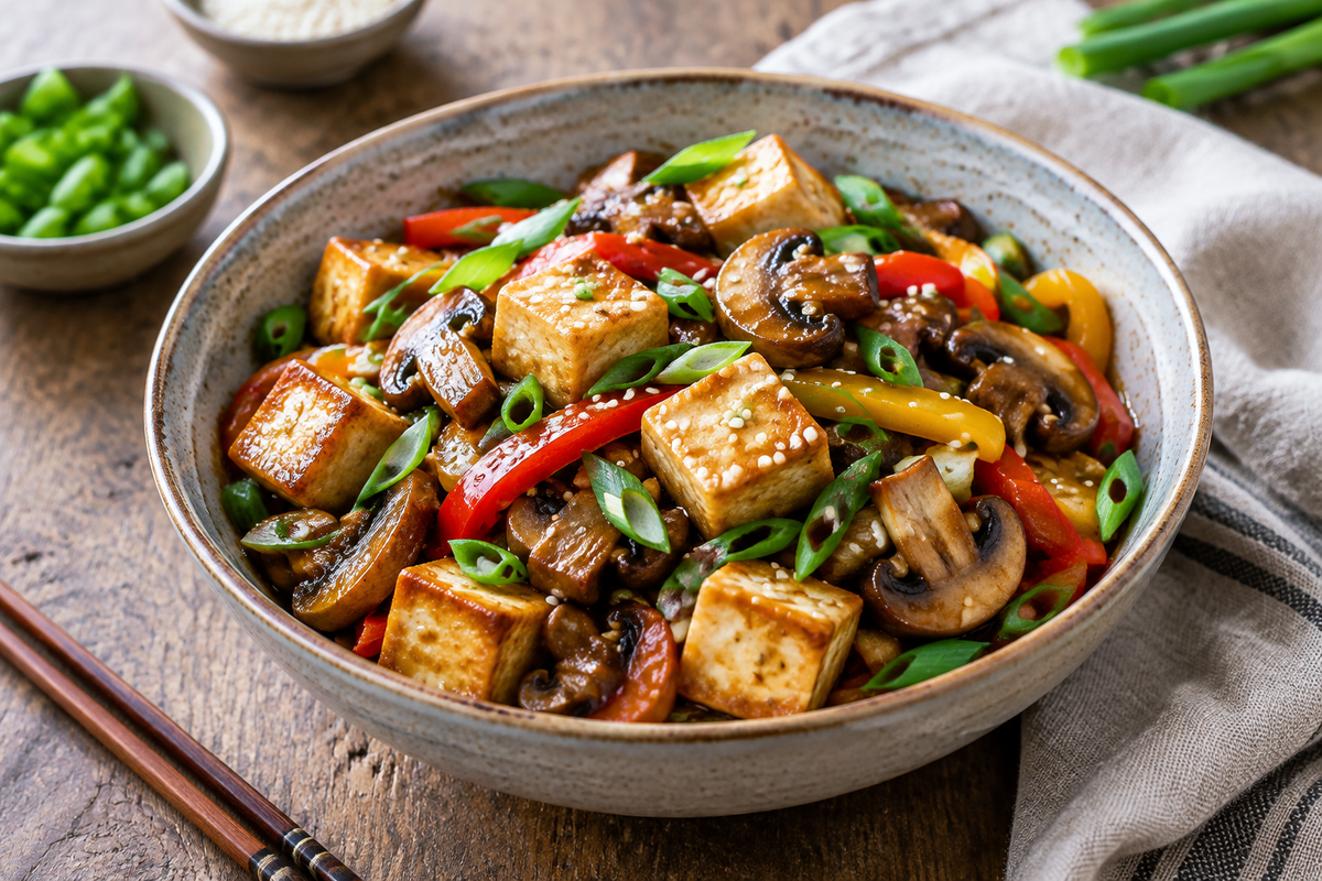 Mushroom tofu stir-fry with golden tofu cubes, mushrooms, bell peppers, and green onions, garnished with sesame seeds