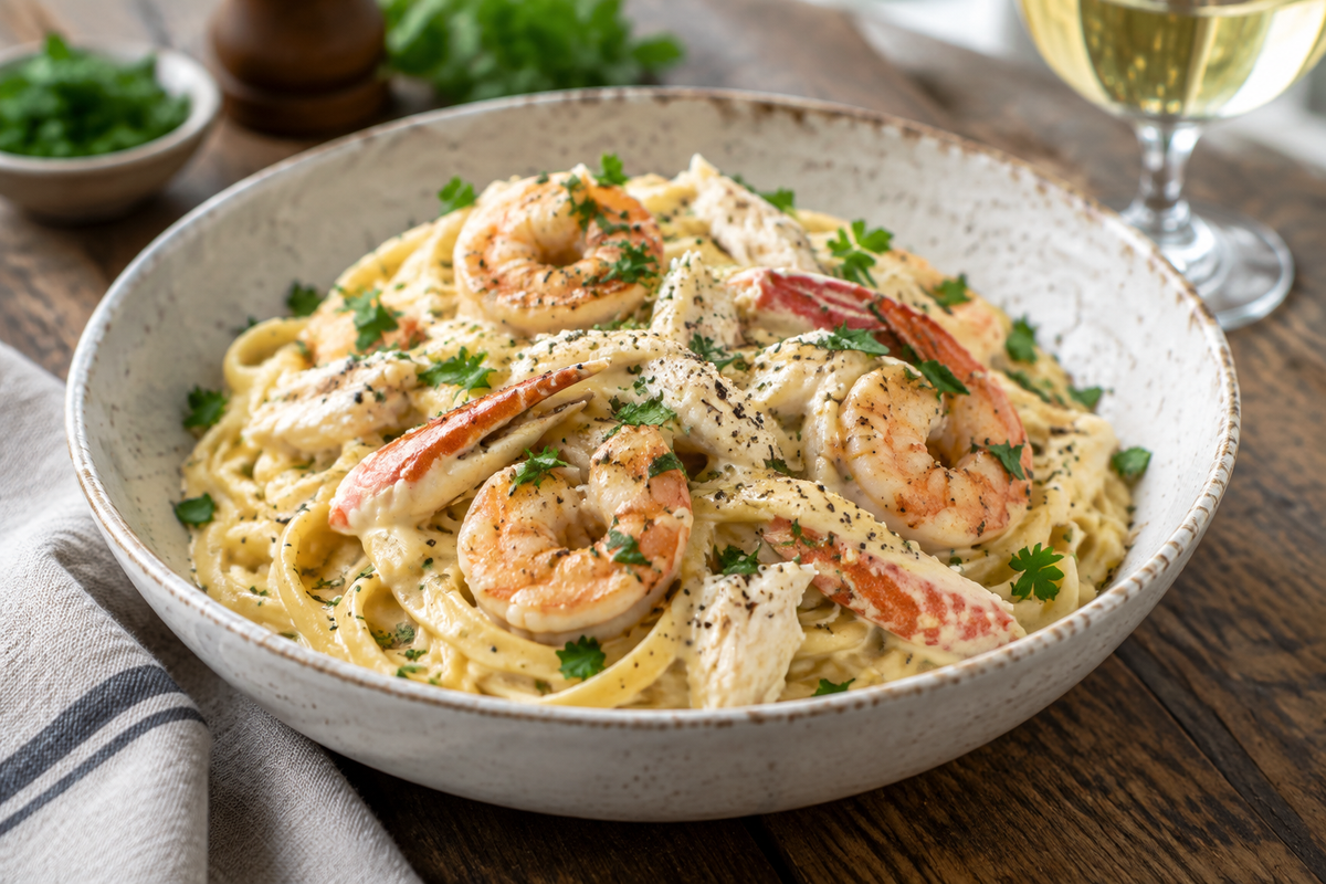 One pot shrimp and crab alfredo pasta garnished with parsley and black pepper, creamy seafood dish