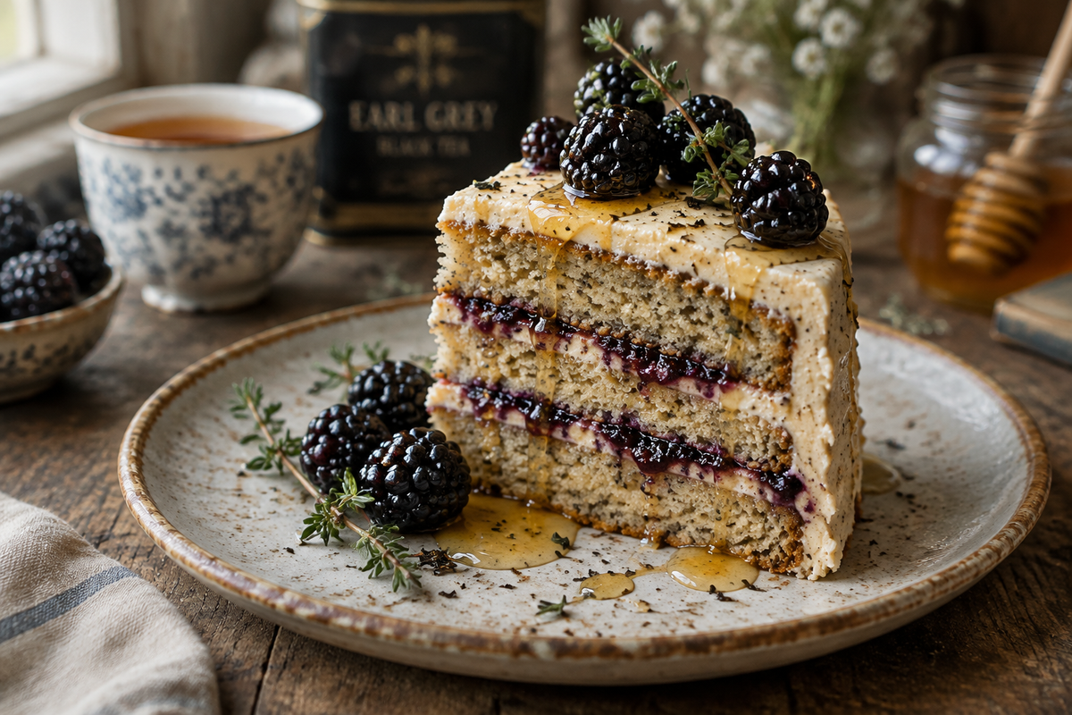 Slice of Earl Grey honey cake with blackberries and honey drizzle on rustic plate