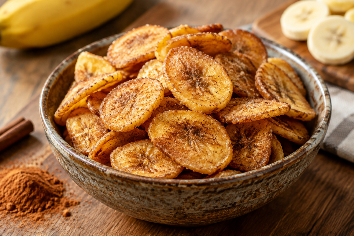 Crispy cinnamon-sugar air fryer banana chips in a rustic bowl, a perfect sweet snack