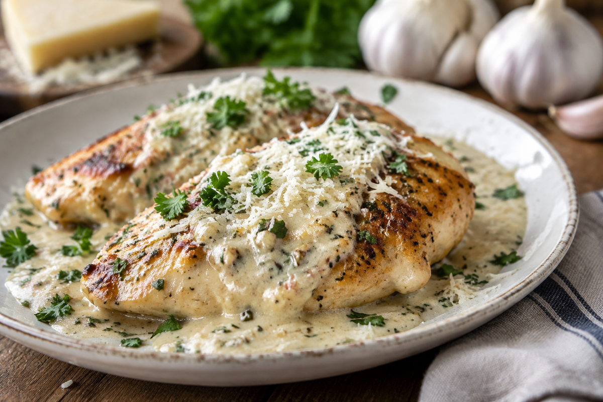 Creamy garlic parmesan chicken plated with parsley garnish and creamy sauce, showcasing creamy garlic parmesan chicken