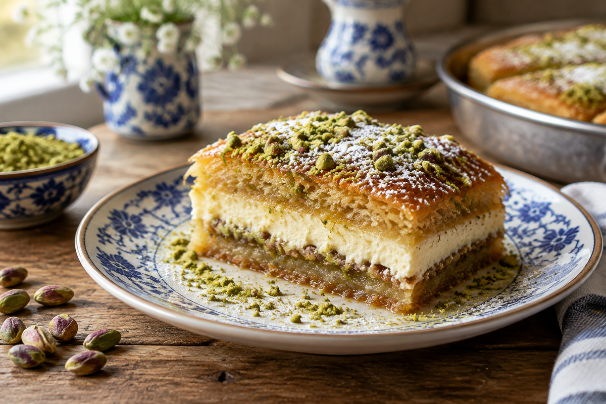 Diyarbakır kaydirmali cake slice topped with pistachios and powdered sugar on rustic wooden table
