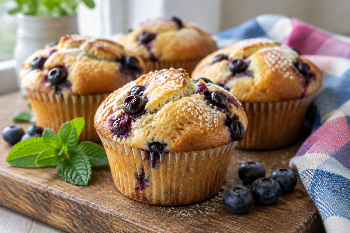 Freshly baked homemade muffins with golden tops and blueberries on rustic board, homemade muffins recipe