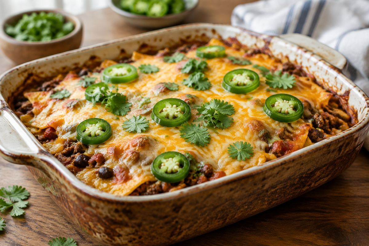 Quick taco casserole with melted cheese and fresh garnish on rustic dish