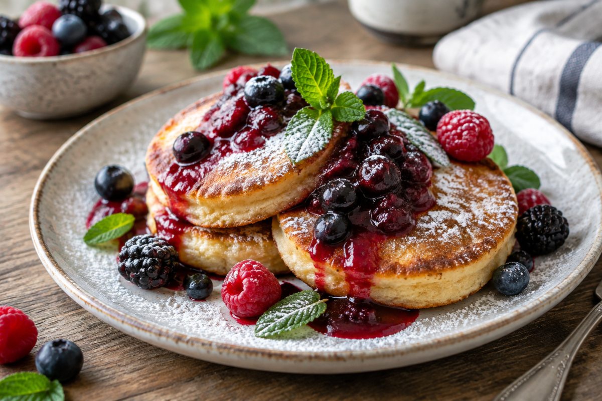 Golden-brown Oh Cakes drizzled with berry compote and powdered sugar, showcasing the oh cakes recipe