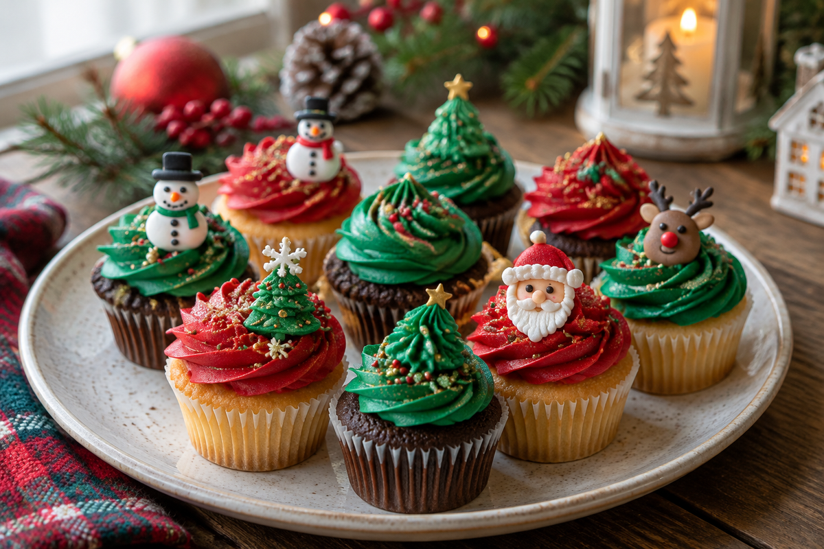 Festive mini Christmas cupcakes with colorful frosting and holiday toppers, perfect christmas cupcakes