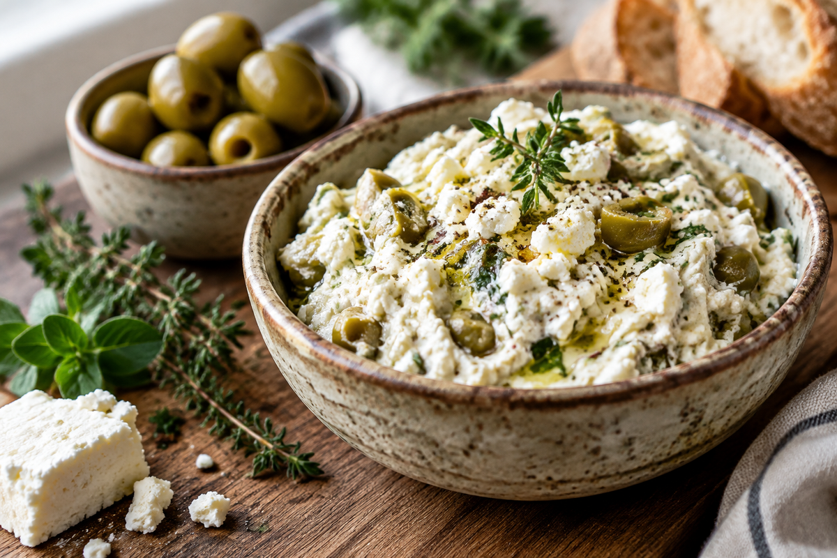 Creamy feta olive spread with green olives and herbs in a rustic bowl, feta olive spread
