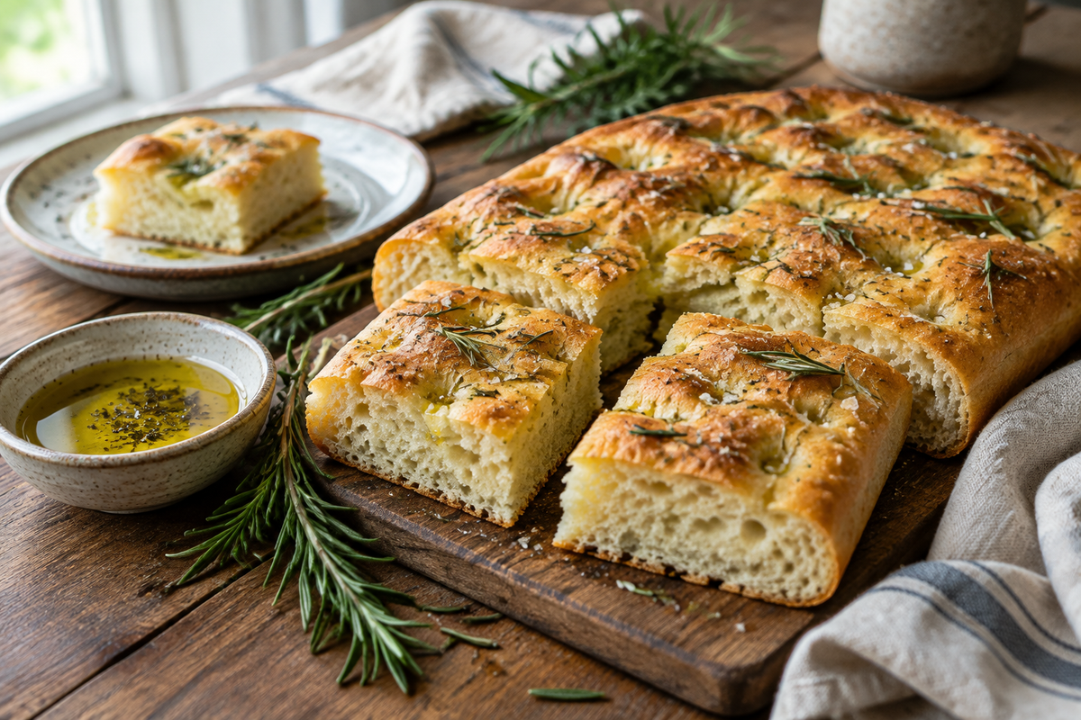 Golden herb focaccia bread slices with rosemary and olive oil, showcasing focaccia bread recipes