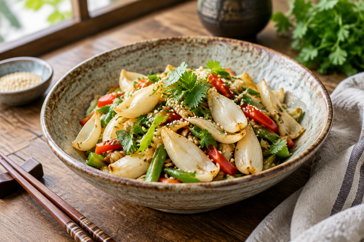 Colorful lilyum stir-fry topped with sesame seeds and herbs in a rustic bowl, showcasing the lilyum stir-fry dish