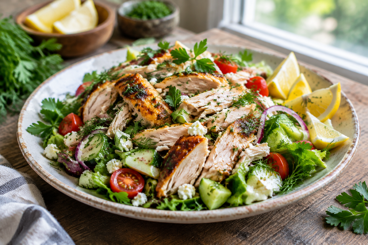 rotisserie chicken meals served as a vibrant chicken salad with fresh herbs and lemon garnish