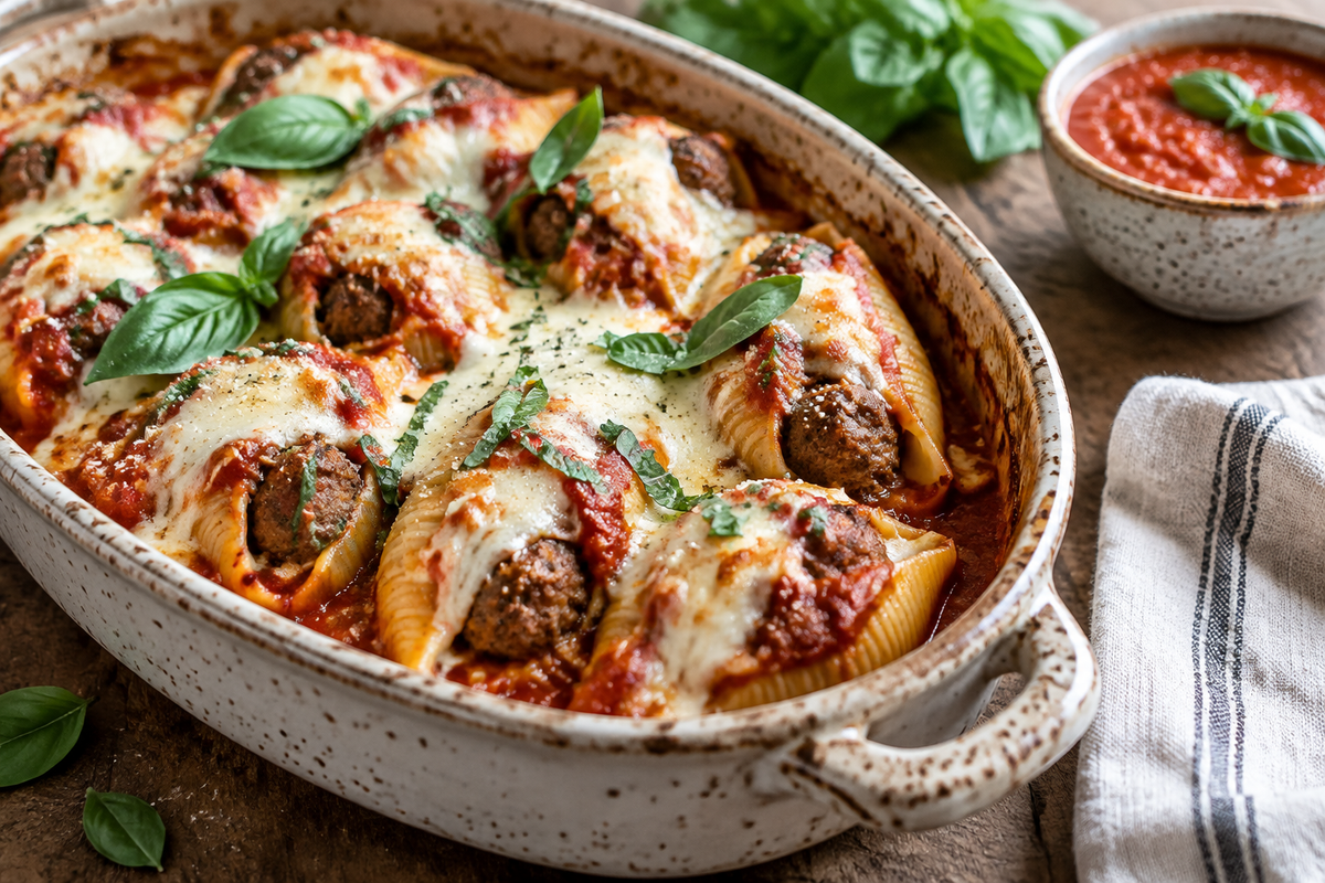 Close-up of meatball stuffed shells baked with cheese and basil, showcasing meatball stuffed shells dish