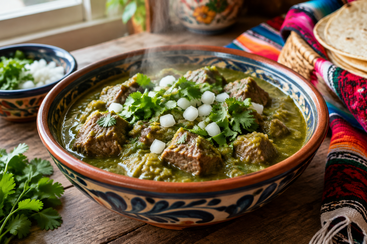 Mexican beef chile verde in a bowl garnished with cilantro and onions, showcasing vibrant green sauce