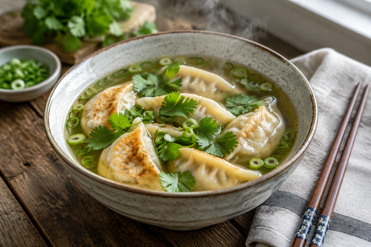 Bowl of potsticker soup with golden dumplings and green onion garnish in natural soft light