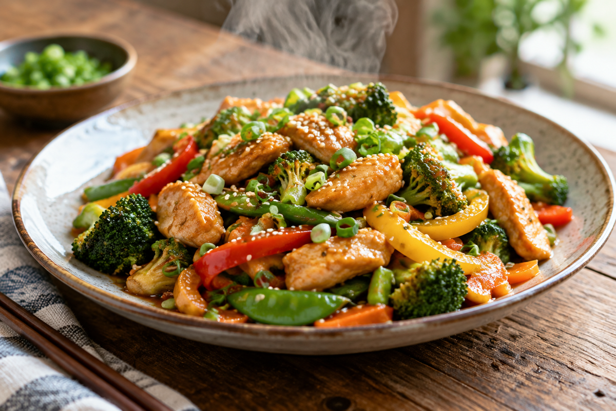 Quick and flavorful recipes learn stir-fry with chicken and vegetables garnished with sesame seeds