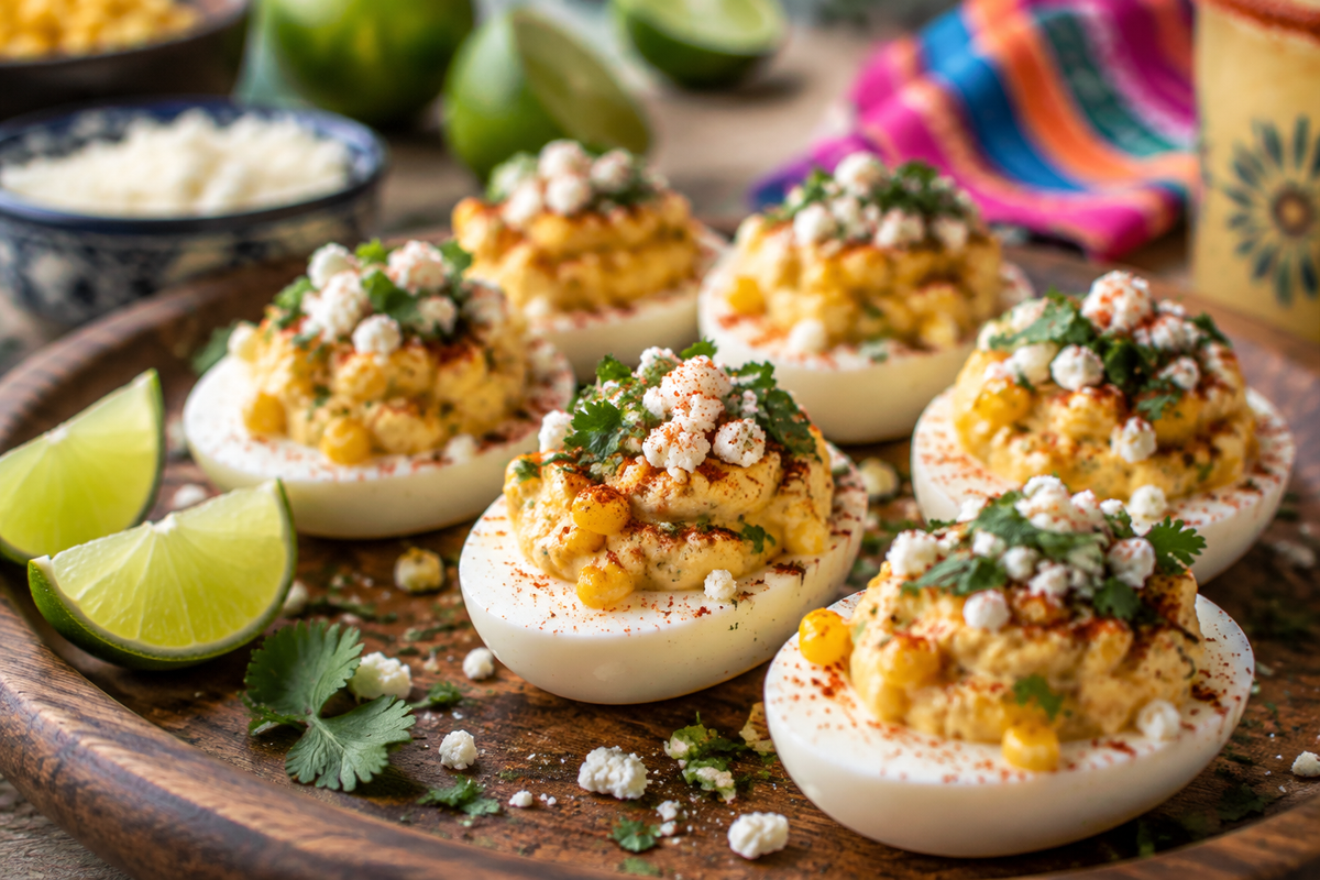 spicy elote deviled eggs garnished with cotija cheese and cilantro on rustic platter