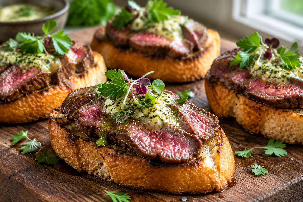 Quick garlic butter steak crostini appetizer with fresh parsley garnish and toasted bread, steak crostini