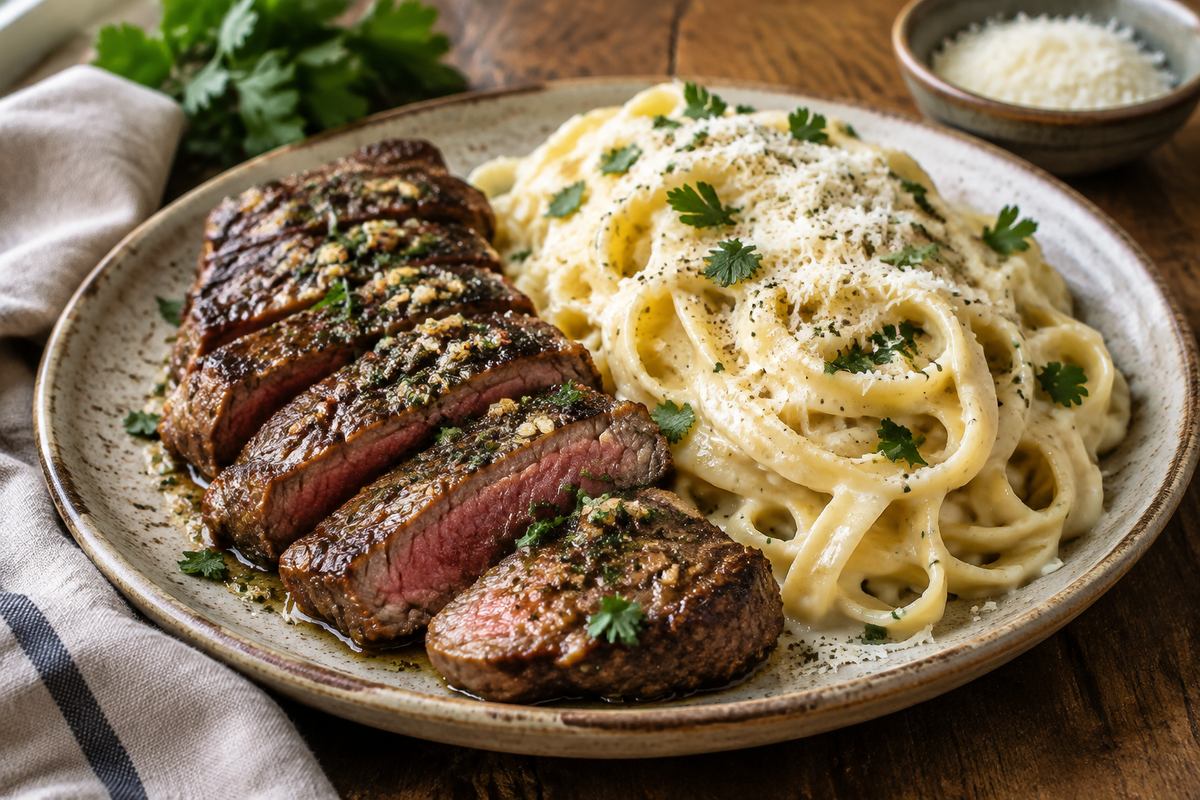 Garlic steak pasta with creamy Parmesan sauce garnished with parsley on a rustic plate