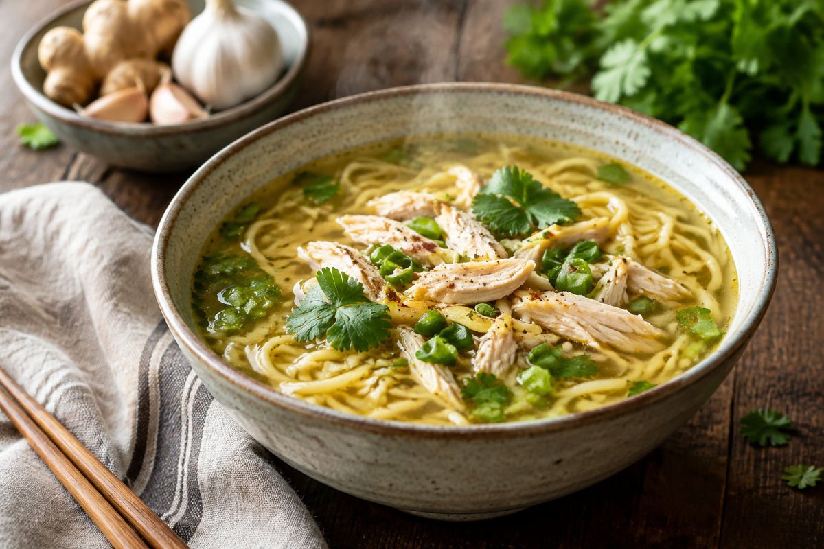 Bowl of ginger garlic chicken noodle soup with noodles and herbs, showcasing ginger garlic chicken soup