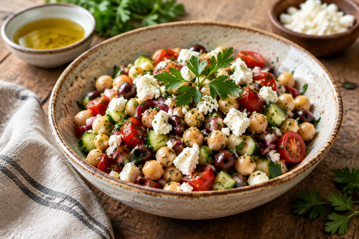 DASH diet salad of Mediterranean chickpeas with fresh herbs and feta cheese