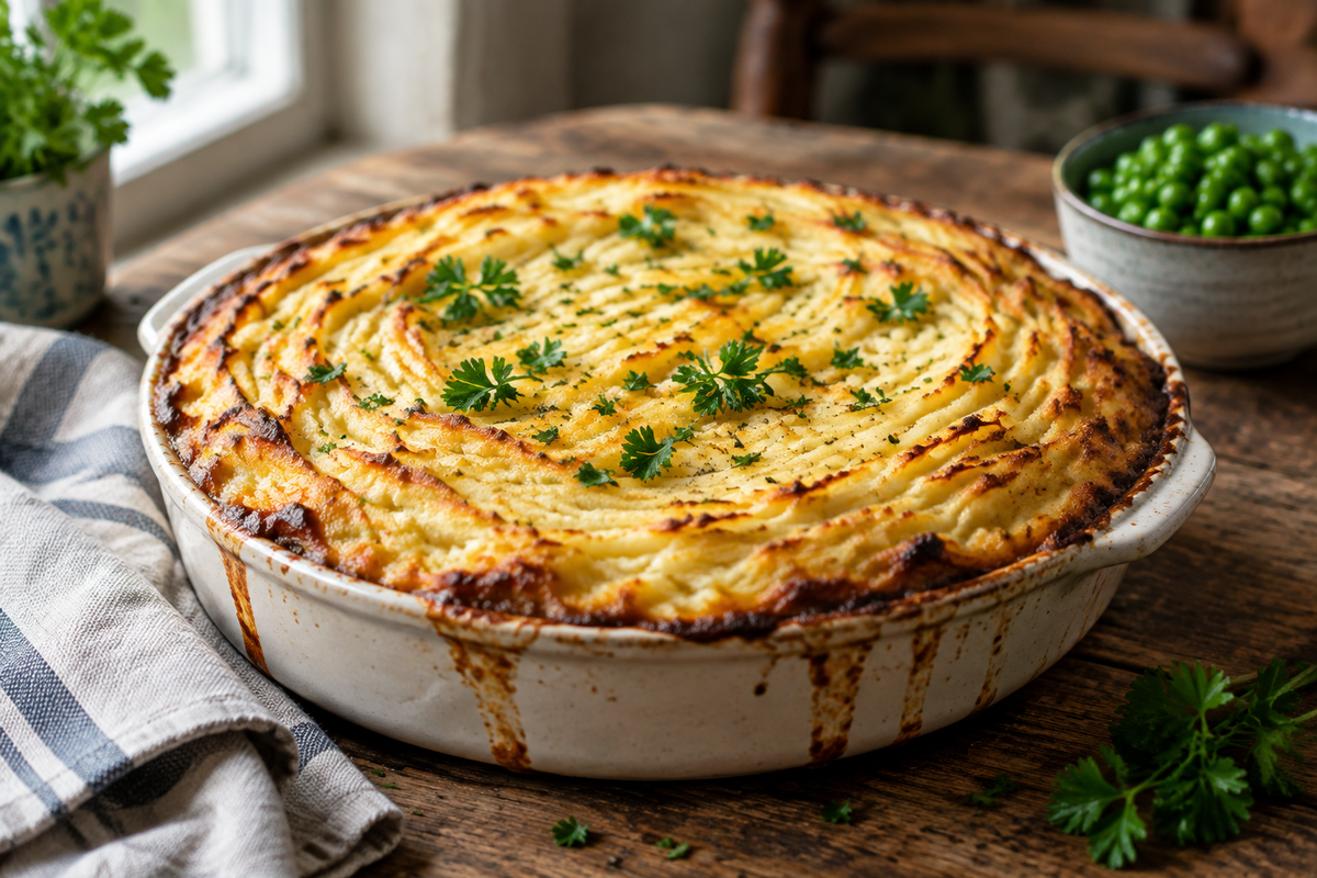 Golden baked Irish potato pie with creamy mashed potato topping and fresh parsley garnish