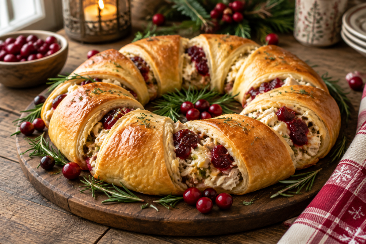 Golden turkey cranberry crescent ring garnished with rosemary and cranberries on rustic table