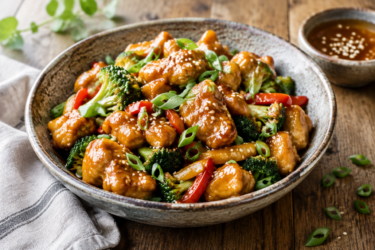 Honey chicken stir-fry with glossy sauce garnished with green onions and sesame seeds
