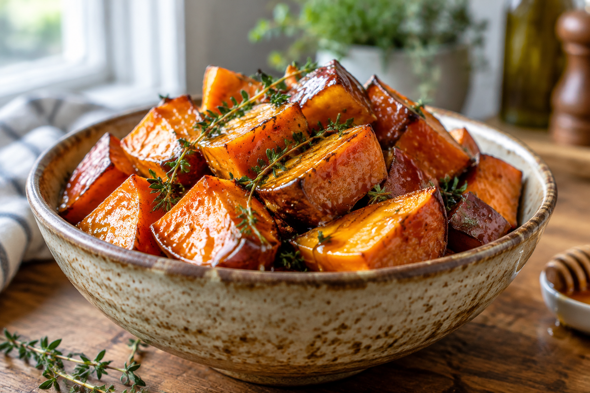 Honey glazed sweet potatoes garnished with fresh thyme on rustic bowl, honey glazed sweet potatoes