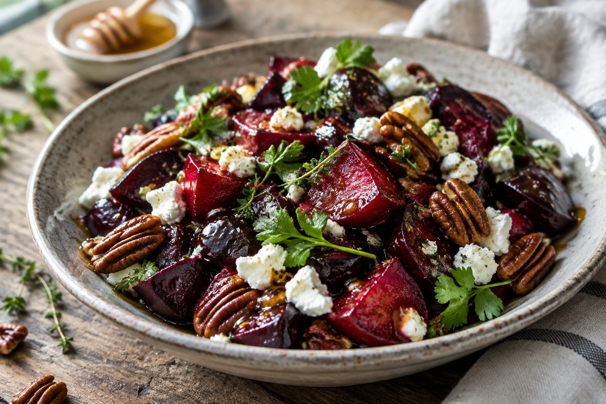 Honey-roasted beet salad with goat cheese and toasted pecans, a fresh roasted beet salad