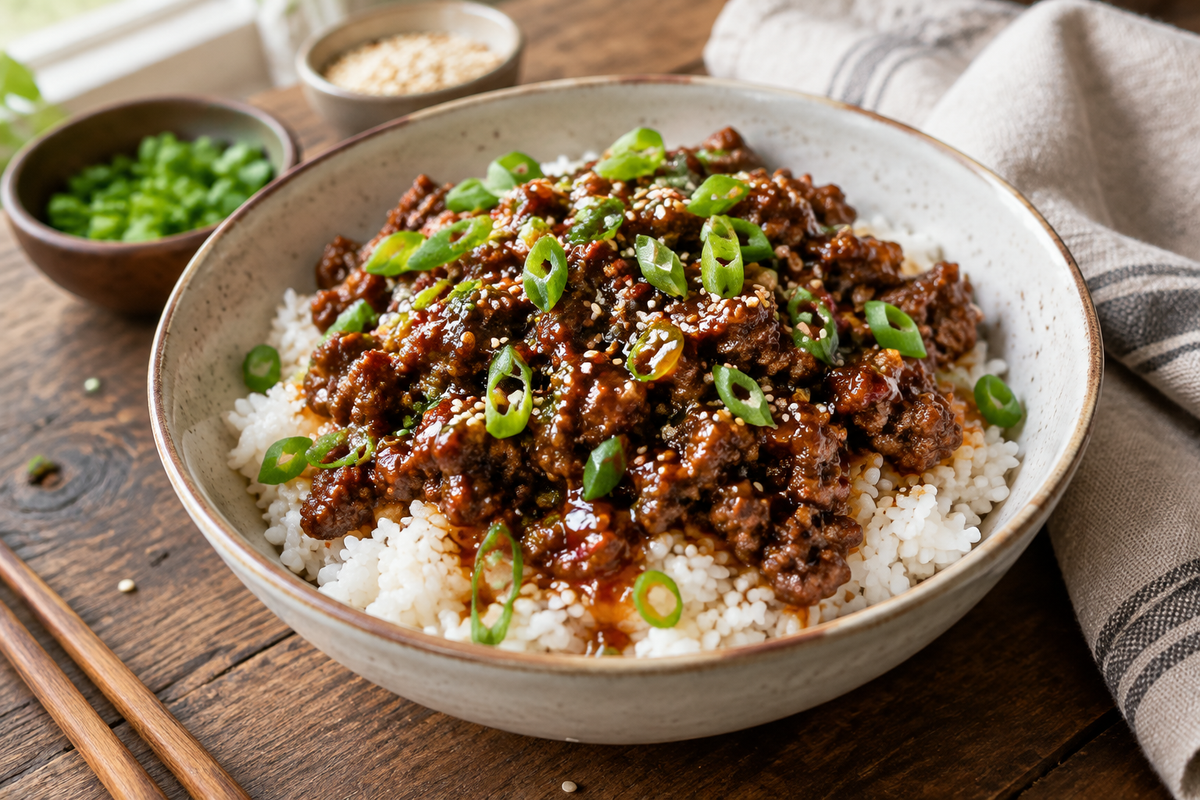 Hot honey beef bowls served with rice and garnished with green onions and sesame seeds in a rustic bowl