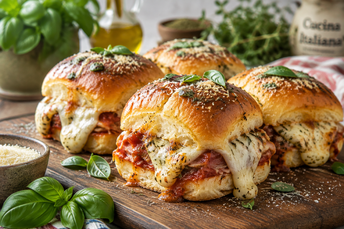 Italian cheesy sliders fresh out of the oven with melted cheese and Italian herbs, showcasing the italian cheesy sliders