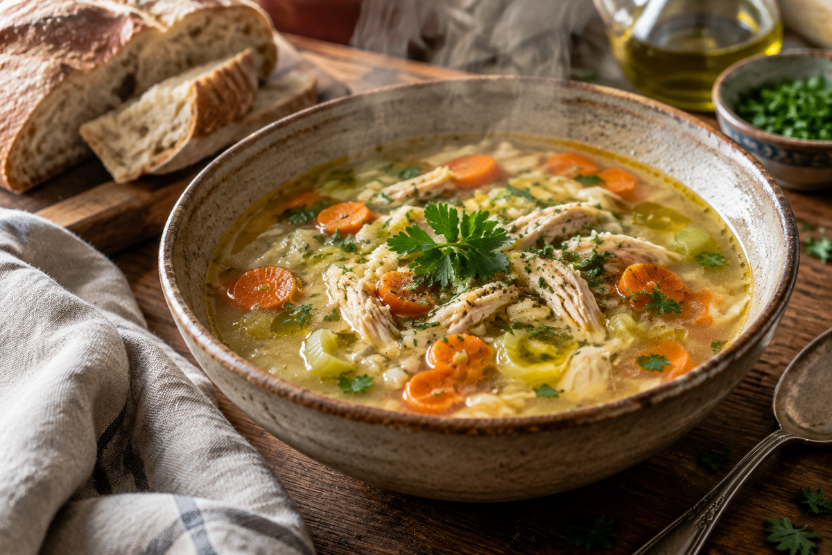 Italian penicillin soup served in rustic bowl garnished with parsley and olive oil